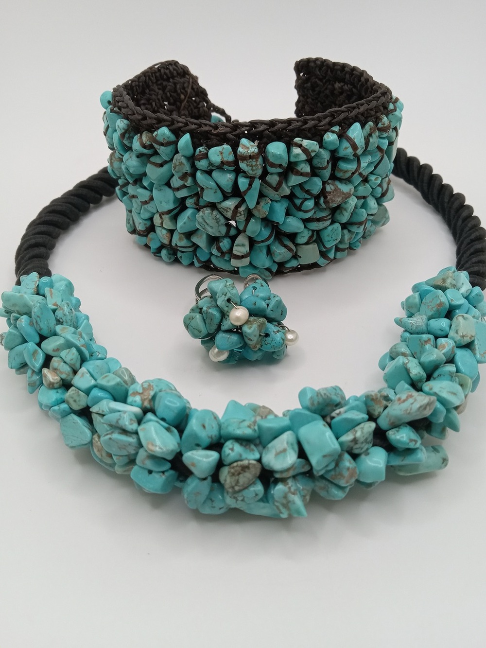 Turquoise Chip Jewelry Set Necklace Cuff Bracelet Ring Boho Southwestern 3 Pc